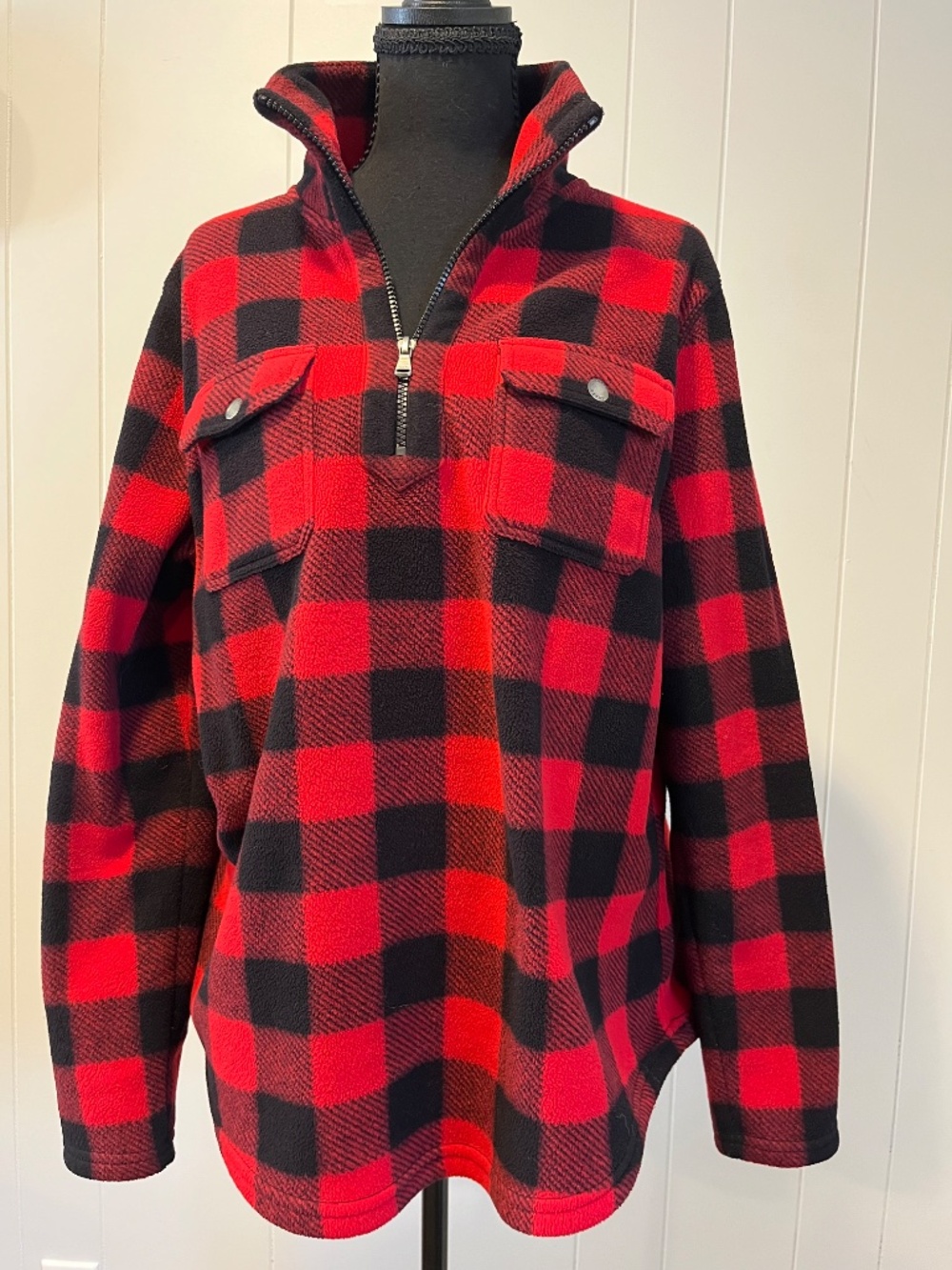 Chaps Red & Black Buffalo Plaid 1/4 Zip Fleece Flannel Pullover Cabin Gorpcore